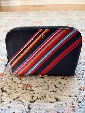 Tory Burch Navy Leather Pouch with Multicolor Diagonal Stripes